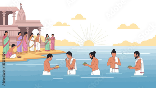 People in traditional clothing perform ritual bathing and worship at a sacred temple by the serene water with a beautiful sunrise in the background near a cultural landmark.