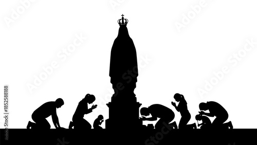 People praying around a tall monument with a crown on top in a city square at dusk.
