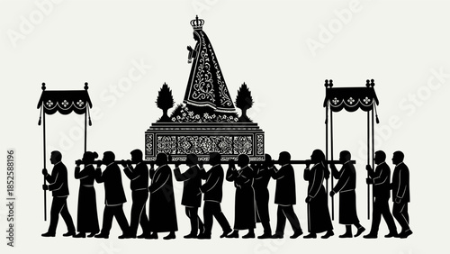 A funeral procession carries a decorated coffin through a solemn ceremony with flags and pallbearers.