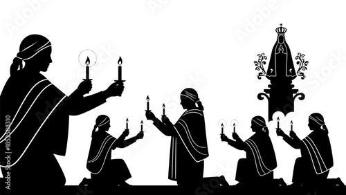 People in traditional clothing holding candles in a religious ceremony at night.