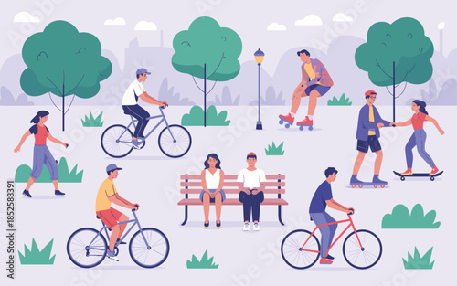 People enjoying outdoor activities in a park with bicycles and skateboards