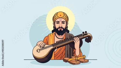An illustration depicts a man playing a musical instrument, wearing traditional clothing and a turban, with a serene background and a halo.