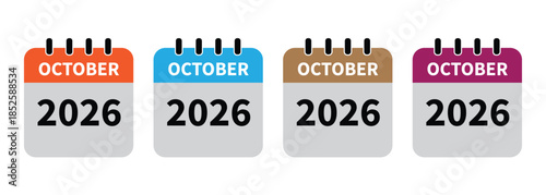 october 2026 calendar in four different colors. 2026 october calendar icon set in colorful . october month flat calender icon set isolated on white background