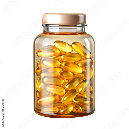 Glass bottle of omega 3 fish oil capsules isolated on transparent background