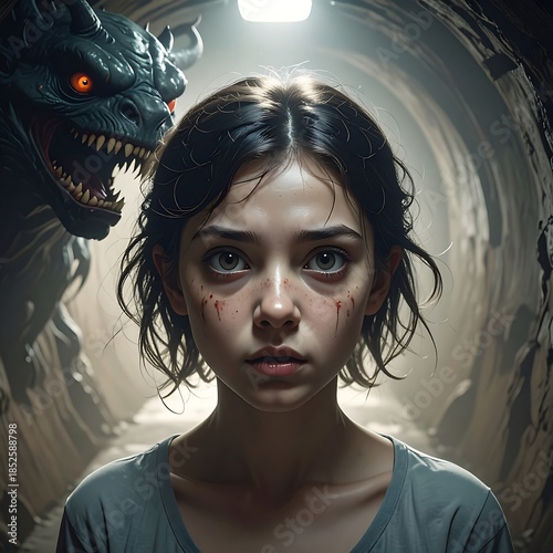 A young, scared girl in a tunnel faces a monstrous presence