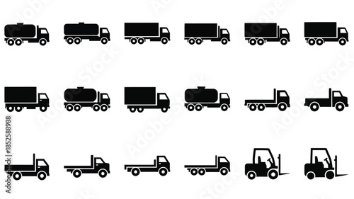 A collection of black silhouette icons depicting various types of trucks and vehicles