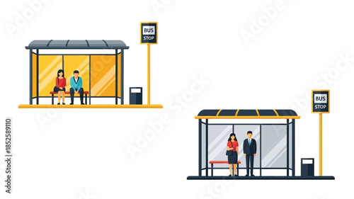 People waiting at two different bus stops illustrated in a flat vector style
