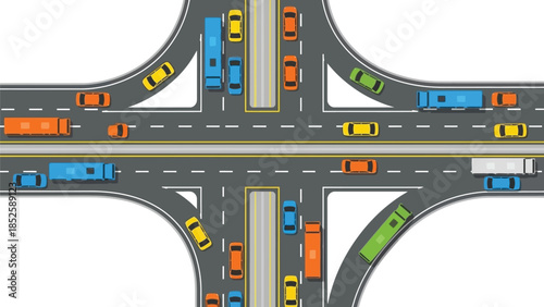 A top down view of a busy highway interchange with multiple vehicles
