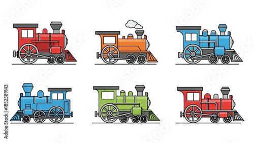 Colorful cartoon illustrations of vintage steam locomotives in various designs