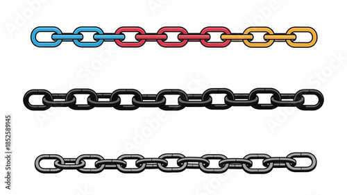 Colorful and grayscale chain links displayed in a linear arrangement