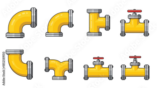 A collection of various yellow pipe fittings and valves isolated on white