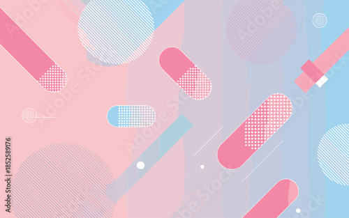 Pink and blue abstract background with pill shapes and dots