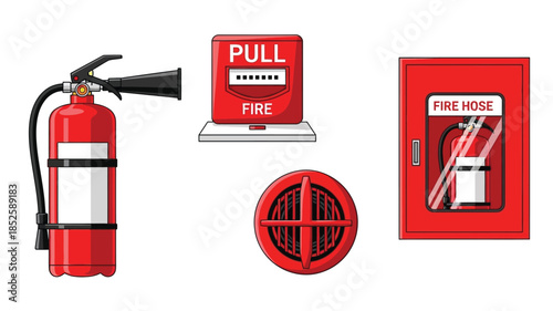 Fire safety equipment illustration extinguisher hose cabinet alarm and break glass