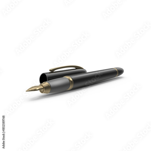 Front View of Classic Fountain Pen with Gold Accents Standing Upright Isolated on Transparent Background PNG