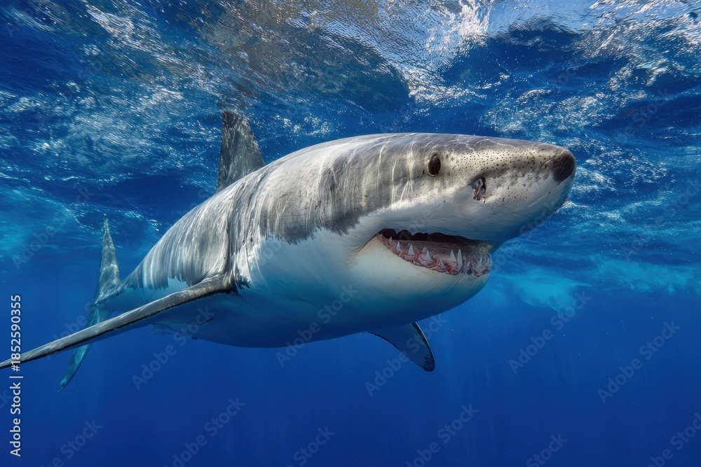 Naklejka premium Great white shark smiling and swimming gracefully in clear blue ocean waters near a coral reef during a sunny afternoon