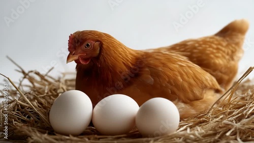 Hen nesting with three eggs on straw bed in farm setting