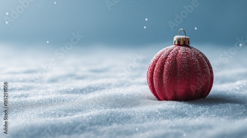 Red Christmas ornament on snowy background. Creative Christmas and New Year concept with copy space.	