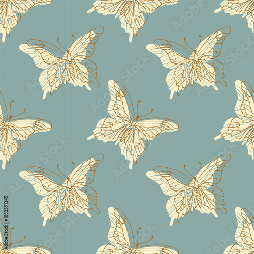  Summer vibe. Butterfly pattern with hand drawn butterfly gold outlines and creme silhouettes.