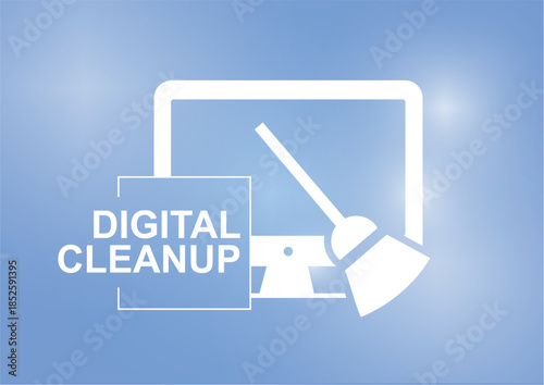 digital cleanup concept with white computer monitor and broom icon on a soft blue bokeh background, symbolizing data cleaning and system optimization. Green IT concept. Cleanup. Vector illustration