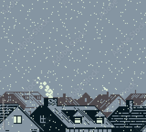 Pixel art winter town background with snowy rooftops and falling snow. Retro 8-bit style creates cozy seasonal atmosphere for game levels, menus, cutscenes and holiday scenes.