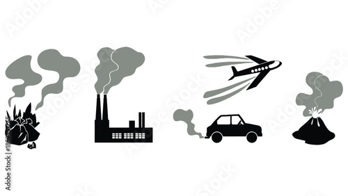 Sources of pollution from industry, transportation, and natural events contributing to environmental damage.