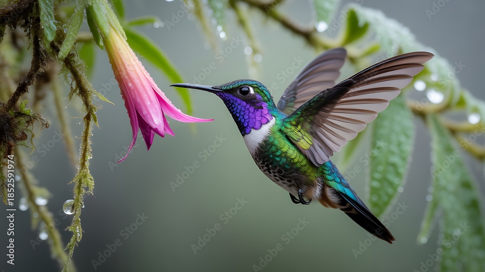Fototapeta premium Hummingbird Feeding on Pink Flower in Lush Green Forest