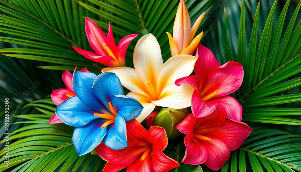 Obraz premium Vibrant tropical flower bouquet with exotic palm leaves, ideal for wedding invitations, texture, vibrant