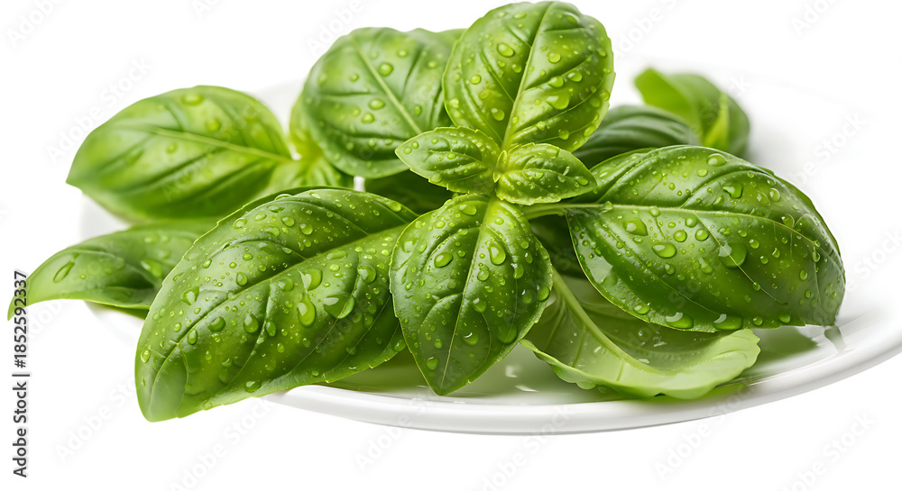 Fototapeta premium Fresh green basil leaves with water droplets presented on a white plate on transparent background.