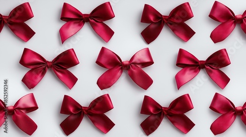 Pattern of elegant red bows on a clear white background. Creative Christmas and New Year concept.	