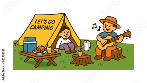 Joyful camping trip with father and son enjoying music and nature outdoors.