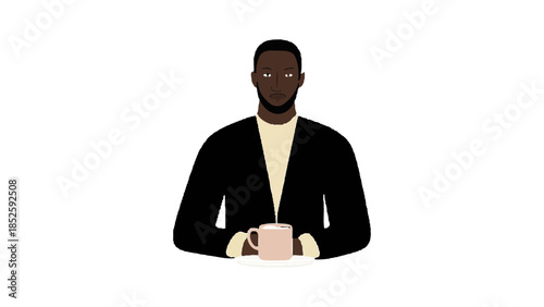 Focused man in suit holding a coffee mug, contemplating with a calm expression.