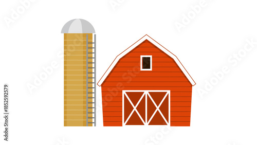 Classic red barn and tall silo on a bright day, representing rural life and agriculture.