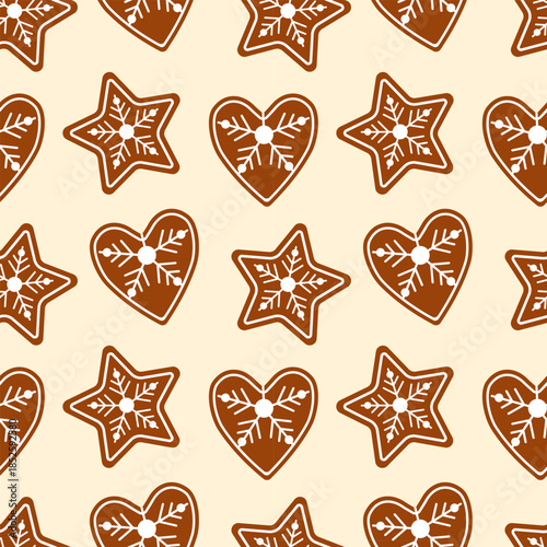 Gingerbread cookie pattern, stars and hearts made from glazed cookies on warm background, aromatic Christmas vibe.