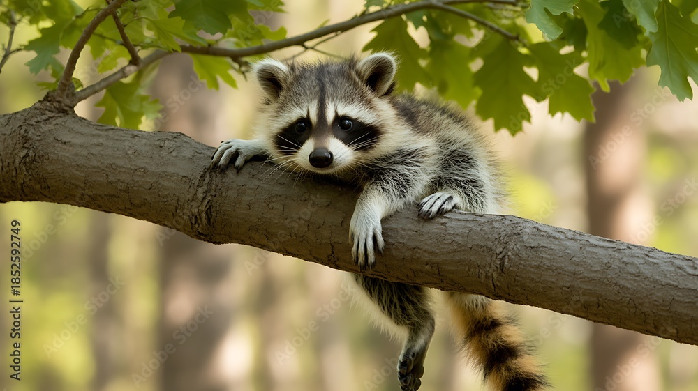 Fototapeta premium Curious Raccoon in Forest Clinging to Tree Branch Nature Wildlife