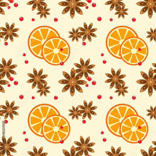 cozy spicy Christmas pattern with orange slices, star anise and red berries.