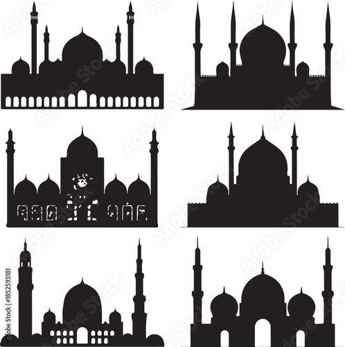 Silhouettes of iconic islamic mosques with minarets and domes