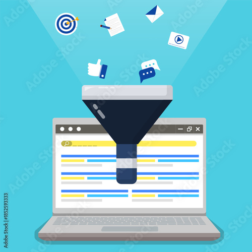 Conversion rate through SEO, social media, content, email and other marketing technology. Digital marketing funnel filtering information for online business success conxept.
