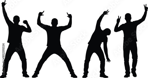 Dynamic male dance silhouettes, energetic hip hop poses, urban street dance moves, black human figures, isolated vector illustration set concept