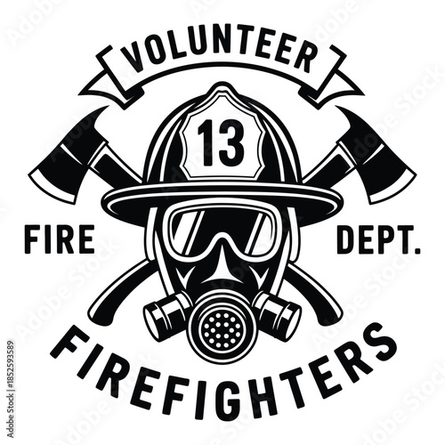 Volunteer firefighter emblem vector illustration featuring crossed fire axes, protective breathing mask, number thirteen badge, vintage rescue symbolism, emergency service identity, and heroic fire 