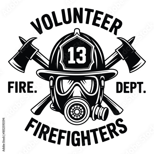 Volunteer firefighter emblem vector illustration featuring crossed fire axes, protective breathing mask, number thirteen badge, vintage rescue symbolism, emergency service identity, and heroic fire 