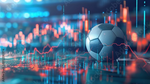 Soccer Ball Amidst Vibrant Digital Financial Charts, Symbolizing Sports Betting, Market Analysis, and the Future of Athletic Performance Data Technology