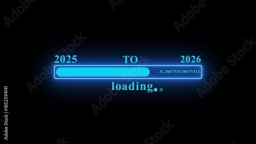 glowing neon  loading  bar from 2025 to 2026  new year transfer concept new model animation. 4K video motion graphic on black background  for new year.