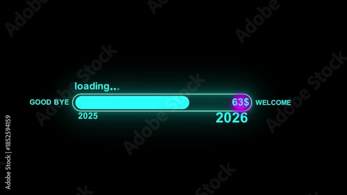 glowing neon  loading  bar from 2025 to 2026  new year transfer concept new model animation. 4K video motion graphic on black background  for new year.