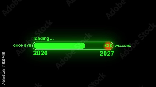 glowing neon  loading  bar from 2026 to 2027 new year transfer concept new model animation. 4K video motion graphic on black background for new year.