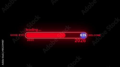glowing neon  loading  bar from 2025 to 2026  new year transfer concept new model animation. 4K video motion graphic on black background  for new year.