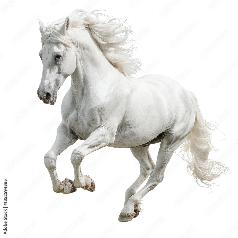 Obraz premium PNG of A majestic white horse galloping gracefully in mid-air, showcasing its strength and beauty.