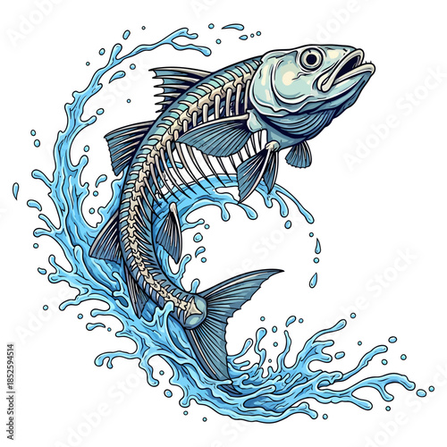 Skeleton fish jumping out of blue water splash vector illustration on white background