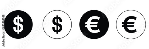 Dollar and Euro currency icon set featuring clean vector illustrations, financial symbols, money icons, banking and payment concepts, economic design elements