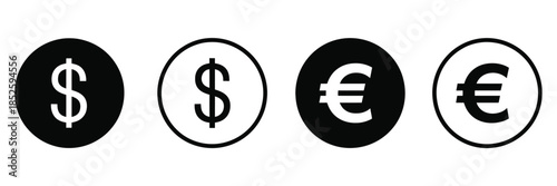 Dollar and Euro money vector icons collection including currency symbols, financial illustrations, clean banking icons, payment and commerce graphics