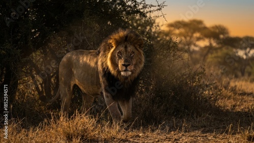Majestic Lion King of the Savannah at Golden Hour.